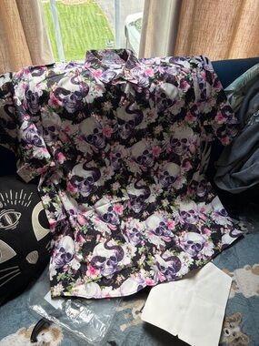 Amazon Black Floral Skull Print Casual Button Down Shirt